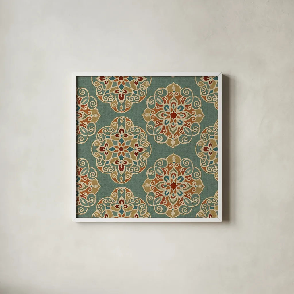 Kolam IE by Daphne Brissonnet. Shown in a crisp white glass frame for a clean and minimalist style. Available as an archival giclee rolled canvas, fine art paper, or poster print. SKU 24919a.