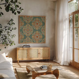 Kolam IE by Daphne Brissonnet. Shown in a natural wood frame in a cozy modern living room. Available as an archival giclee rolled canvas, fine art paper, or poster print. SKU 24919a.