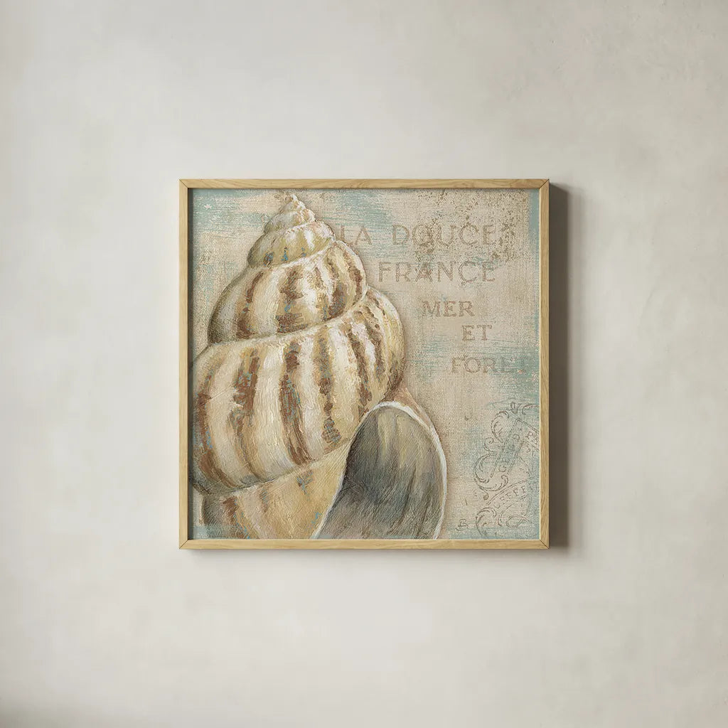 La Plage I by Daphne Brissonnet. Shown in a natural wood glass frame for a timeless modern aesthetic. Available as an archival giclee rolled canvas, fine art paper, or poster print. SKU 1681a.