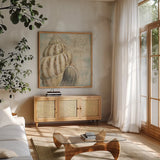 La Plage I by Daphne Brissonnet. Shown in a natural wood frame in a cozy modern living room. Available as an archival giclee rolled canvas, fine art paper, or poster print. SKU 1681a.