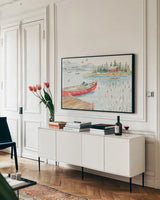 Lake Moments I by Daphne Brissonnet. shown as a framed stretched canvas in a living room above a console. Available as a archival giclee rolled canvas, fine art paper, or poster print. SKU 38928i.