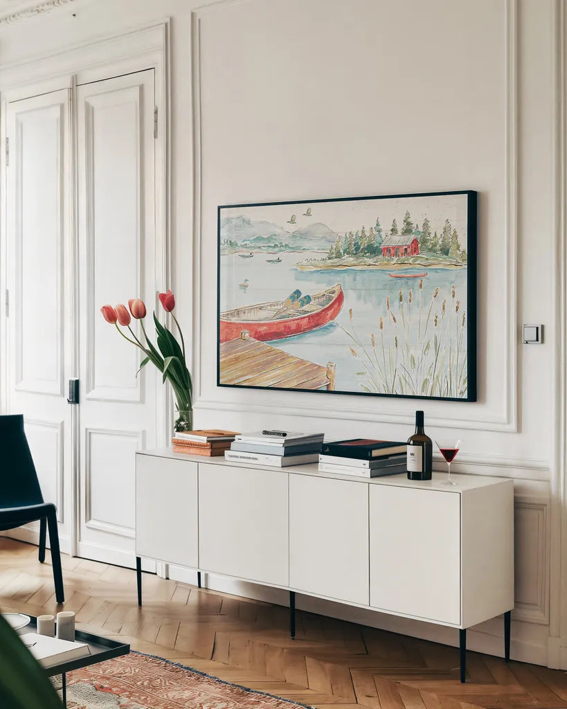 Lake Moments I by Daphne Brissonnet. shown as a framed stretched canvas in a living room above a console. Available as a archival giclee rolled canvas, fine art paper, or poster print. SKU 38928i.
