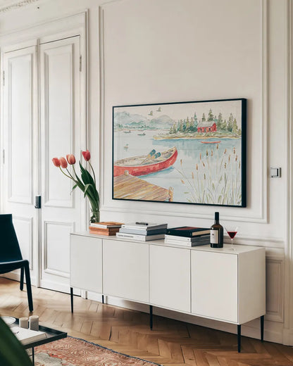 Lake Moments I by Daphne Brissonnet. shown as a framed stretched canvas in a living room above a console. Available as a archival giclee rolled canvas, fine art paper, or poster print. SKU 38928i.