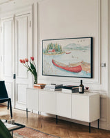 Lake Moments II by Daphne Brissonnet. shown as a framed stretched canvas in a living room above a console. Available as a archival giclee rolled canvas, fine art paper, or poster print. SKU 38929i.