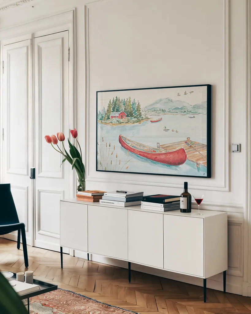 Lake Moments II by Daphne Brissonnet. shown as a framed stretched canvas in a living room above a console. Available as a archival giclee rolled canvas, fine art paper, or poster print. SKU 38929i.