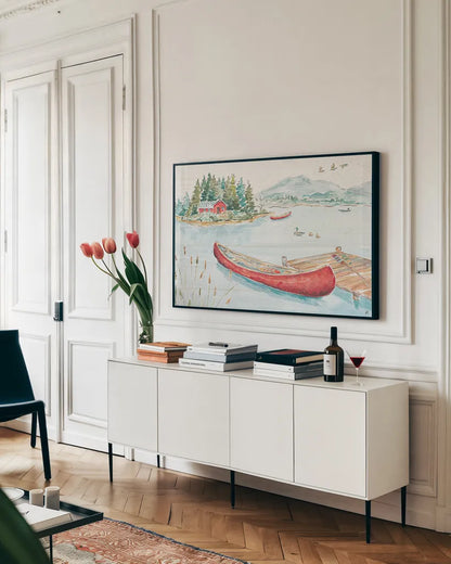 Lake Moments II by Daphne Brissonnet. shown as a framed stretched canvas in a living room above a console. Available as a archival giclee rolled canvas, fine art paper, or poster print. SKU 38929i.
