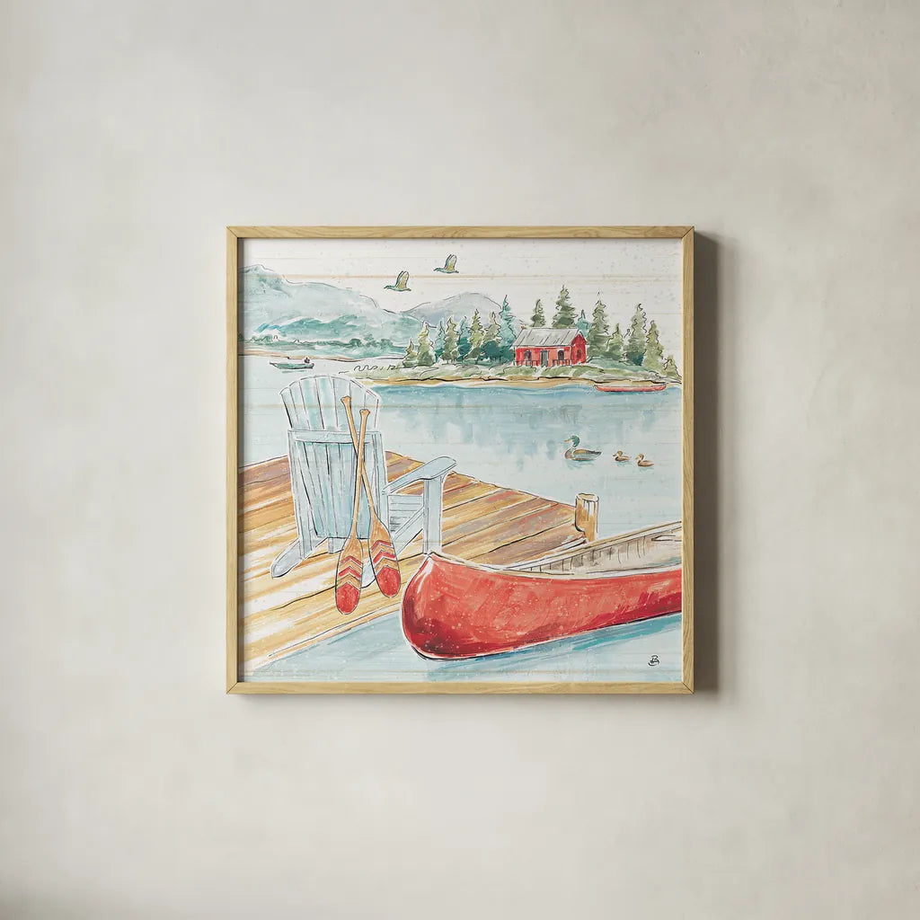Lake Moments III by Daphne Brissonnet. Shown in a natural wood glass frame for a timeless modern aesthetic. Available as an archival giclee rolled canvas, fine art paper, or poster print. SKU 38930a.