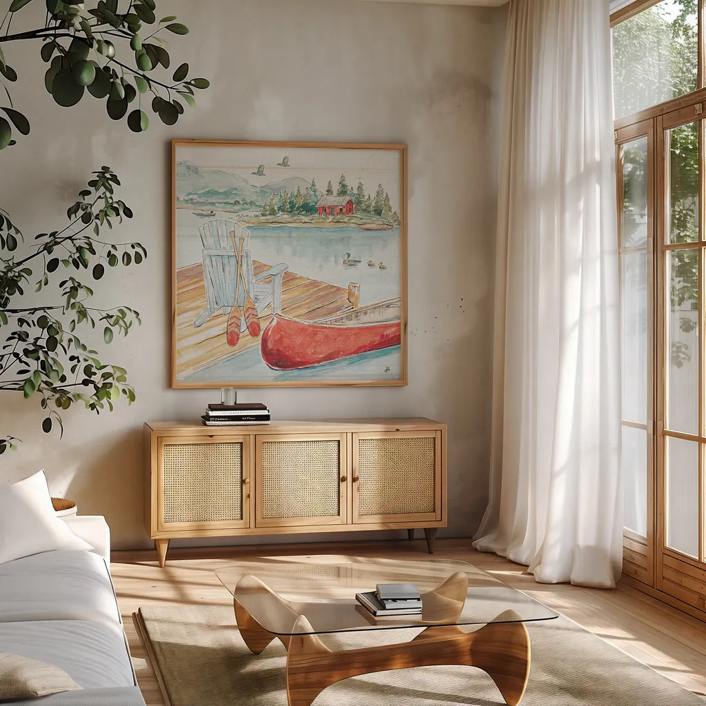 Lake Moments III by Daphne Brissonnet. Shown in a natural wood frame in a cozy modern living room. Available as an archival giclee rolled canvas, fine art paper, or poster print. SKU 38930a.
