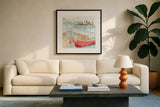 Lake Moments III by Daphne Brissonnet. Displayed in a glass frame with matte in a clean modern living room. Available as an archival giclee rolled canvas, fine art paper, or poster print. SKU 38930a.