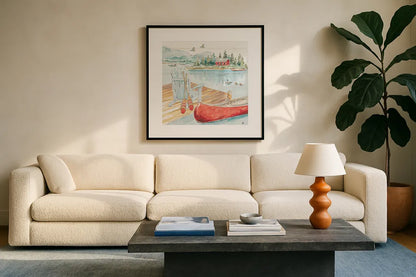 Lake Moments III by Daphne Brissonnet. Displayed in a glass frame with matte in a clean modern living room. Available as an archival giclee rolled canvas, fine art paper, or poster print. SKU 38930a.
