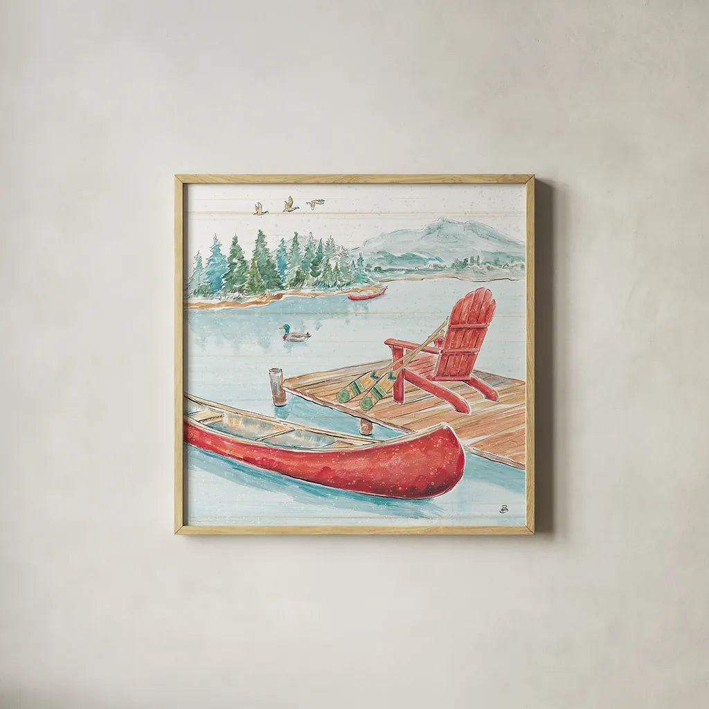 Lake Moments IV by Daphne Brissonnet. Shown in a natural wood glass frame for a timeless modern aesthetic. Available as an archival giclee rolled canvas, fine art paper, or poster print. SKU 38931a.