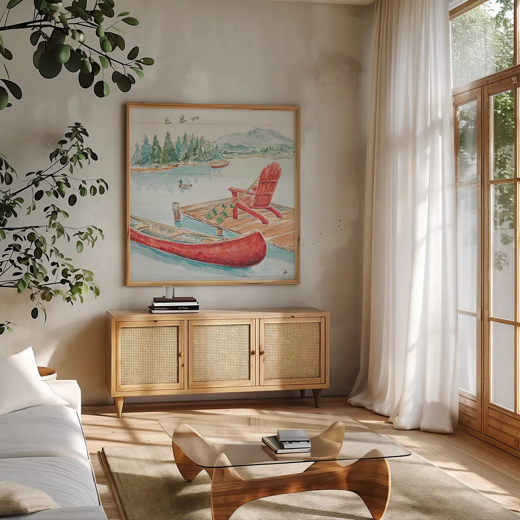 Lake Moments IV by Daphne Brissonnet. Shown in a natural wood frame in a cozy modern living room. Available as an archival giclee rolled canvas, fine art paper, or poster print. SKU 38931a.