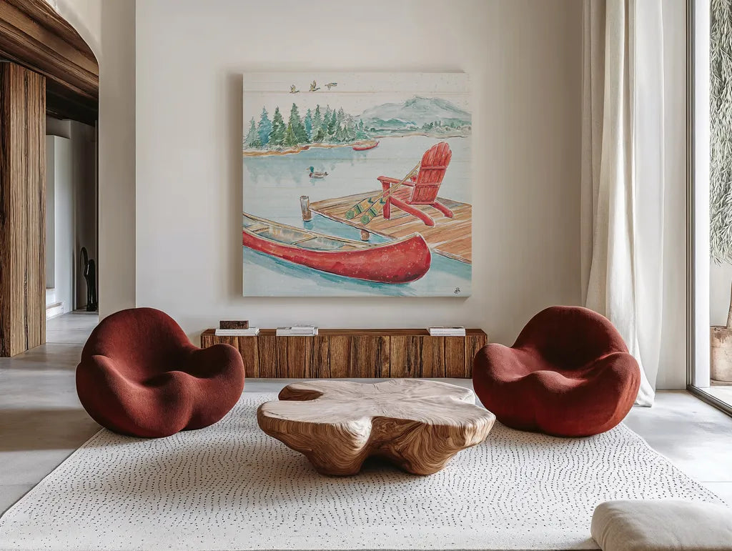 Lake Moments IV by Daphne Brissonnet. Shown as extra-large giant wall art in a modern living room. Available as an archival giclee rolled canvas, fine art paper, or poster print. SKU 38931a.