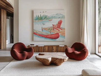 Lake Moments IV by Daphne Brissonnet. Shown as extra-large giant wall art in a modern living room. Available as an archival giclee rolled canvas, fine art paper, or poster print. SKU 38931a.