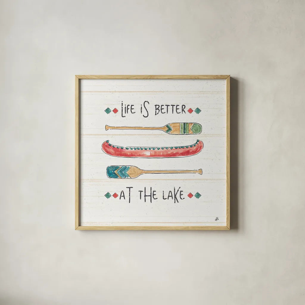 Lake Moments V by Daphne Brissonnet. Shown in a natural wood glass frame for a timeless modern aesthetic. Available as an archival giclee rolled canvas, fine art paper, or poster print. SKU 38932a.