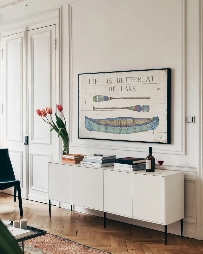 Lake Sketches II Color by Daphne Brissonnet. shown as a framed stretched canvas in a living room above a console. Available as a archival giclee rolled canvas, fine art paper, or poster print. SKU 56854i.