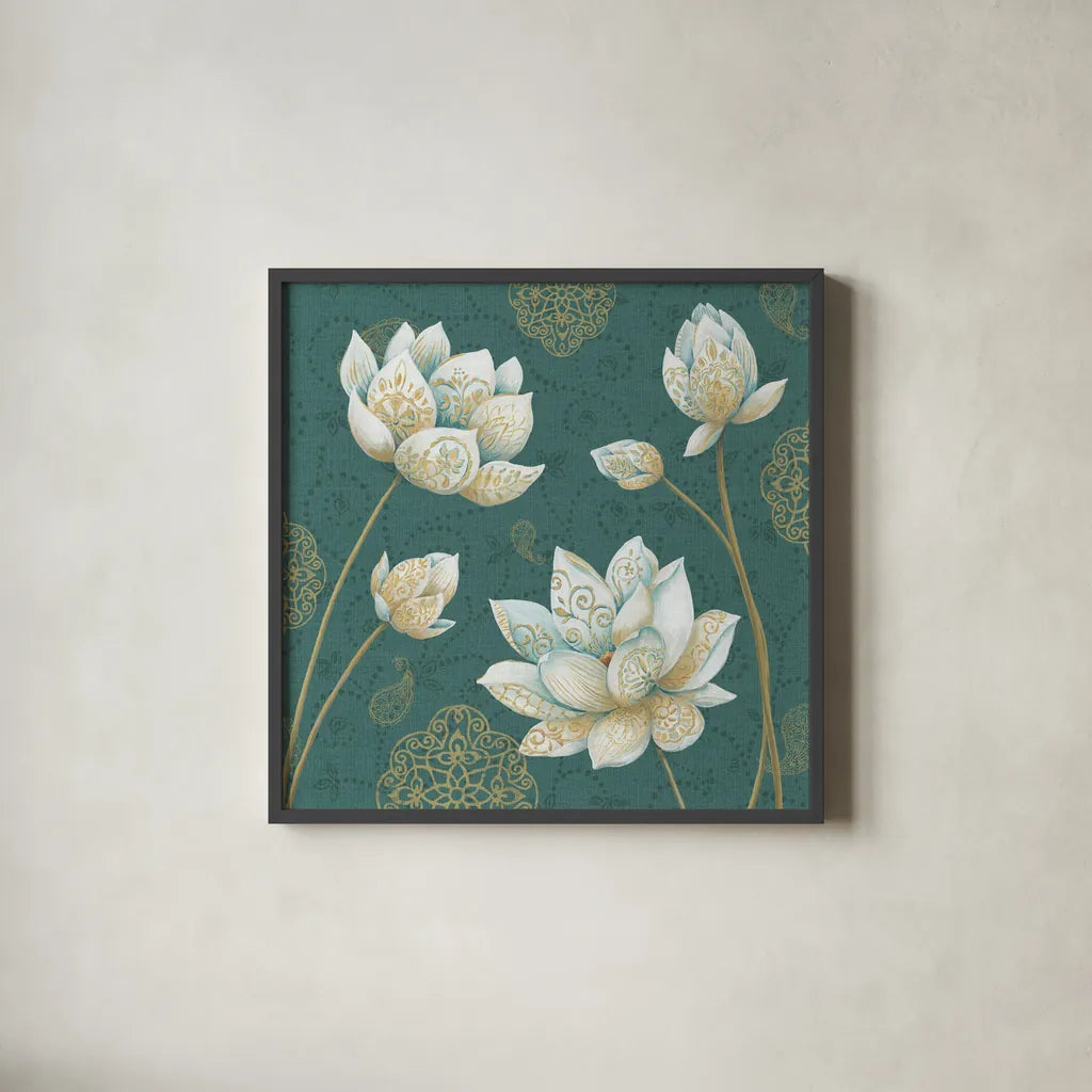 Lotus Dream IVB by Daphne Brissonnet. Shown in a sleek black glass frame for a contemporary gallery look. Available as an archival giclee rolled canvas, fine art paper, or poster print. SKU 24878a.