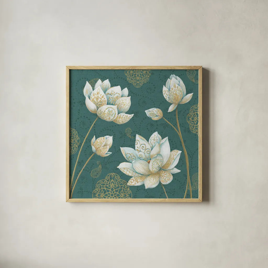 Lotus Dream IVB by Daphne Brissonnet. Shown in a natural wood glass frame for a timeless modern aesthetic. Available as an archival giclee rolled canvas, fine art paper, or poster print. SKU 24878a.
