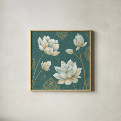 Lotus Dream IVB by Daphne Brissonnet. Shown in a natural wood glass frame for a timeless modern aesthetic. Available as an archival giclee rolled canvas, fine art paper, or poster print. SKU 24878a.