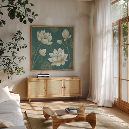 Lotus Dream IVB by Daphne Brissonnet. Shown in a natural wood frame in a cozy modern living room. Available as an archival giclee rolled canvas, fine art paper, or poster print. SKU 24878a.