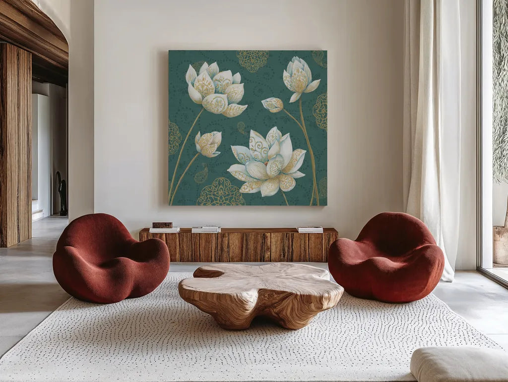 Lotus Dream IVB by Daphne Brissonnet. Shown as extra-large giant wall art in a modern living room. Available as an archival giclee rolled canvas, fine art paper, or poster print. SKU 24878a.