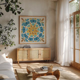 Love Tales IX by Daphne Brissonnet. Shown in a natural wood frame in a cozy modern living room. Available as an archival giclee rolled canvas, fine art paper, or poster print. SKU 30255a.