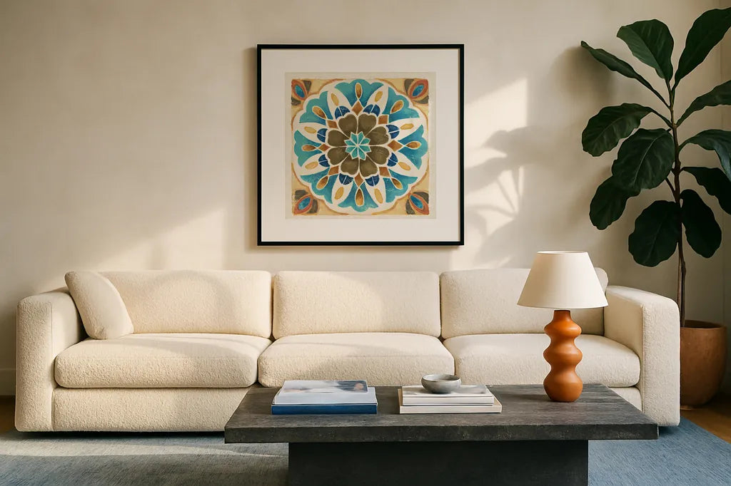 Love Tales XI by Daphne Brissonnet. Displayed in a glass frame with matte in a clean modern living room. Available as an archival giclee rolled canvas, fine art paper, or poster print. SKU 30257a.