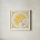 Love Tales XIV Yellow by Daphne Brissonnet. Shown in a crisp white glass frame for a clean and minimalist style. Available as an archival giclee rolled canvas, fine art paper, or poster print. SKU 75697a.