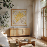 Love Tales XIV Yellow by Daphne Brissonnet. Shown in a natural wood frame in a cozy modern living room. Available as an archival giclee rolled canvas, fine art paper, or poster print. SKU 75697a.
