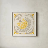 Love Tales XV Yellow by Daphne Brissonnet. Shown in a crisp white glass frame for a clean and minimalist style. Available as an archival giclee rolled canvas, fine art paper, or poster print. SKU 75698a.