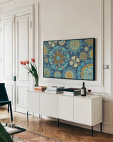 Love Tales XVII by Daphne Brissonnet. shown as a framed stretched canvas in a living room above a console. Available as a archival giclee rolled canvas, fine art paper, or poster print. SKU 30263i.