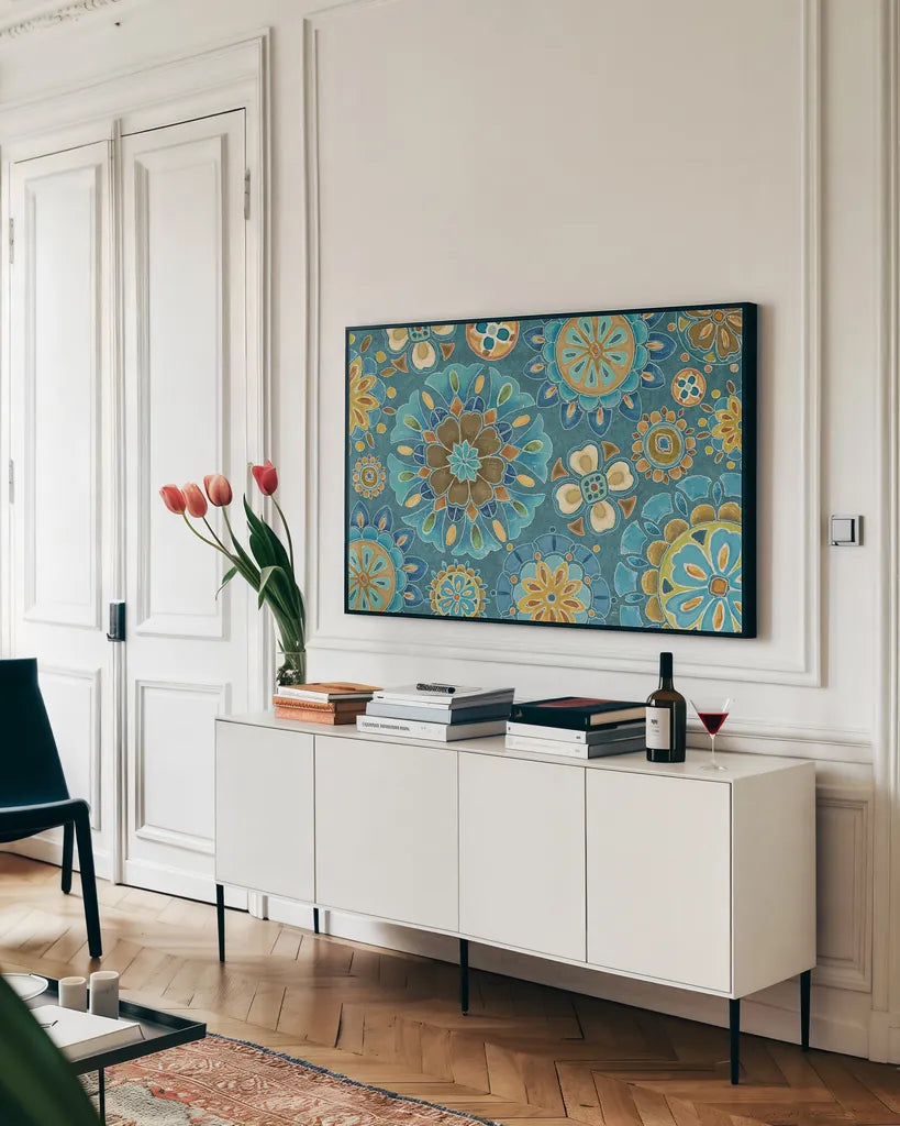 Love Tales XVIII by Daphne Brissonnet. shown as a framed stretched canvas in a living room above a console. Available as a archival giclee rolled canvas, fine art paper, or poster print. SKU 30264i.