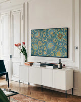 Love Tales XXII by Daphne Brissonnet. shown as a framed stretched canvas in a living room above a console. Available as a archival giclee rolled canvas, fine art paper, or poster print. SKU 30268i.