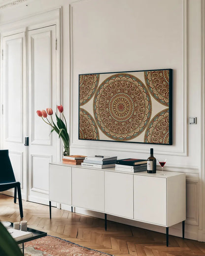Mandala Road I by Daphne Brissonnet. shown as a framed stretched canvas in a living room above a console. Available as a archival giclee rolled canvas, fine art paper, or poster print. SKU 24918i.