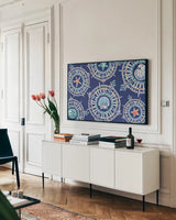 Maritime XIV by Daphne Brissonnet. shown as a framed stretched canvas in a living room above a console. Available as a archival giclee rolled canvas, fine art paper, or poster print. SKU 35212i.