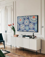 Maritime XV by Daphne Brissonnet. shown as a framed stretched canvas in a living room above a console. Available as a archival giclee rolled canvas, fine art paper, or poster print. SKU 35213i.