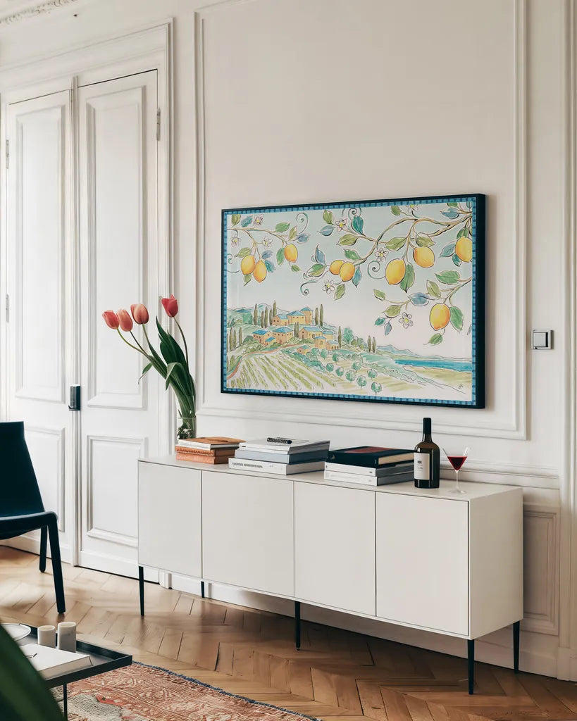 Mediterranean Breeze I by Daphne Brissonnet. shown as a framed stretched canvas in a living room above a console. Available as a archival giclee rolled canvas, fine art paper, or poster print. SKU 45717i.