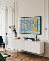 Mediterranean Breeze II by Daphne Brissonnet. shown as a framed stretched canvas in a living room above a console. Available as a archival giclee rolled canvas, fine art paper, or poster print. SKU 45718i.