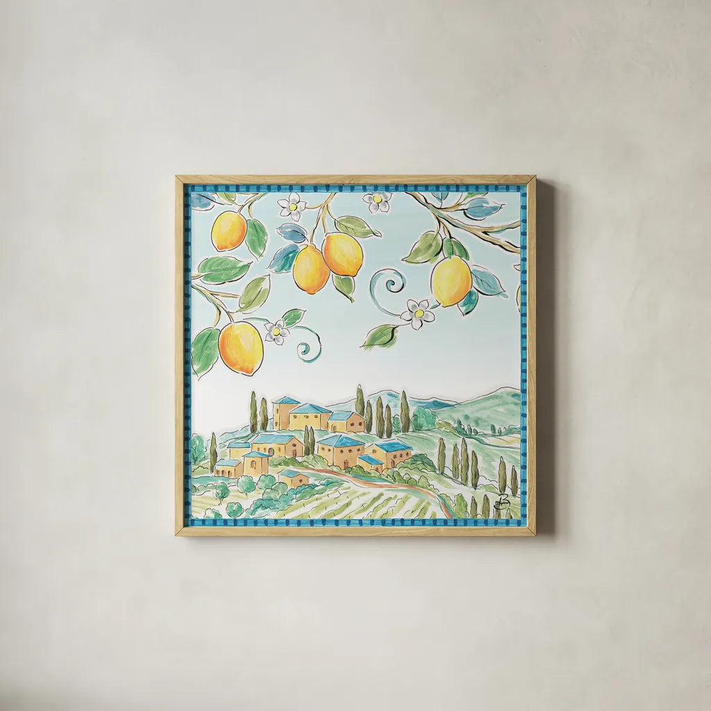 Mediterranean Breeze IX by Daphne Brissonnet. Shown in a natural wood glass frame for a timeless modern aesthetic. Available as an archival giclee rolled canvas, fine art paper, or poster print. SKU 47052a.