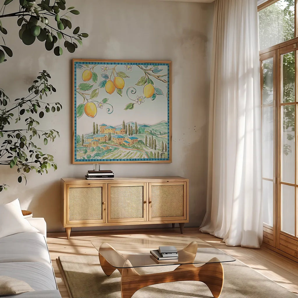 Mediterranean Breeze IX by Daphne Brissonnet. Shown in a natural wood frame in a cozy modern living room. Available as an archival giclee rolled canvas, fine art paper, or poster print. SKU 47052a.