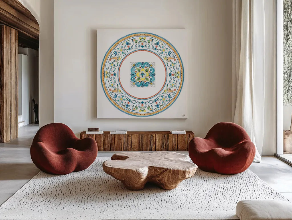 Mediterranean Breeze VIII by Daphne Brissonnet. Shown as extra-large giant wall art in a modern living room. Available as an archival giclee rolled canvas, fine art paper, or poster print. SKU 45724a.