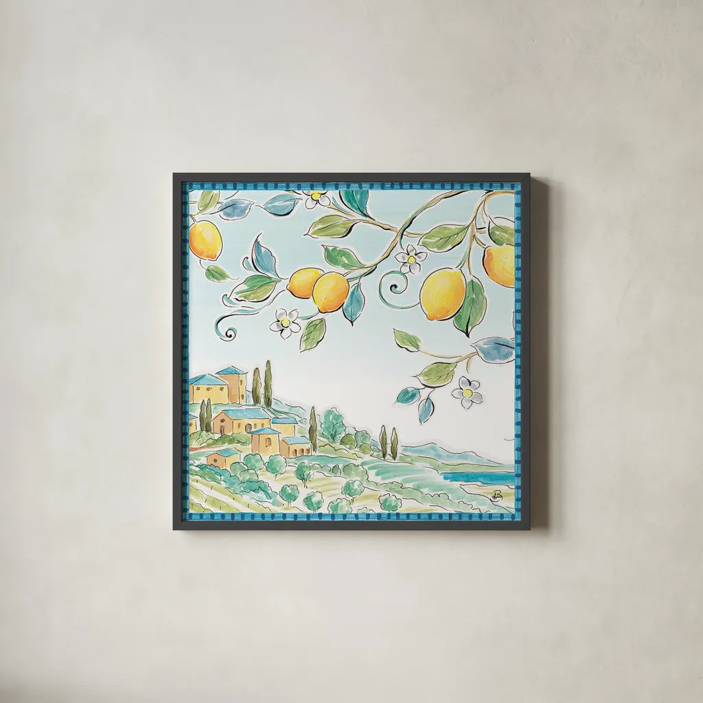 Mediterranean Breeze X by Daphne Brissonnet. Shown in a sleek black glass frame for a contemporary gallery look. Available as an archival giclee rolled canvas, fine art paper, or poster print. SKU 47053a.