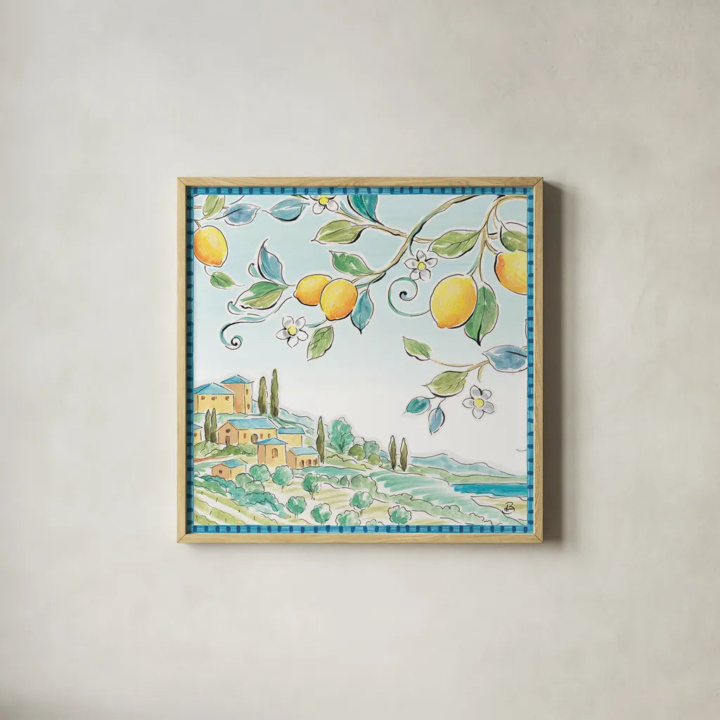 Mediterranean Breeze X by Daphne Brissonnet. Shown in a natural wood glass frame for a timeless modern aesthetic. Available as an archival giclee rolled canvas, fine art paper, or poster print. SKU 47053a.