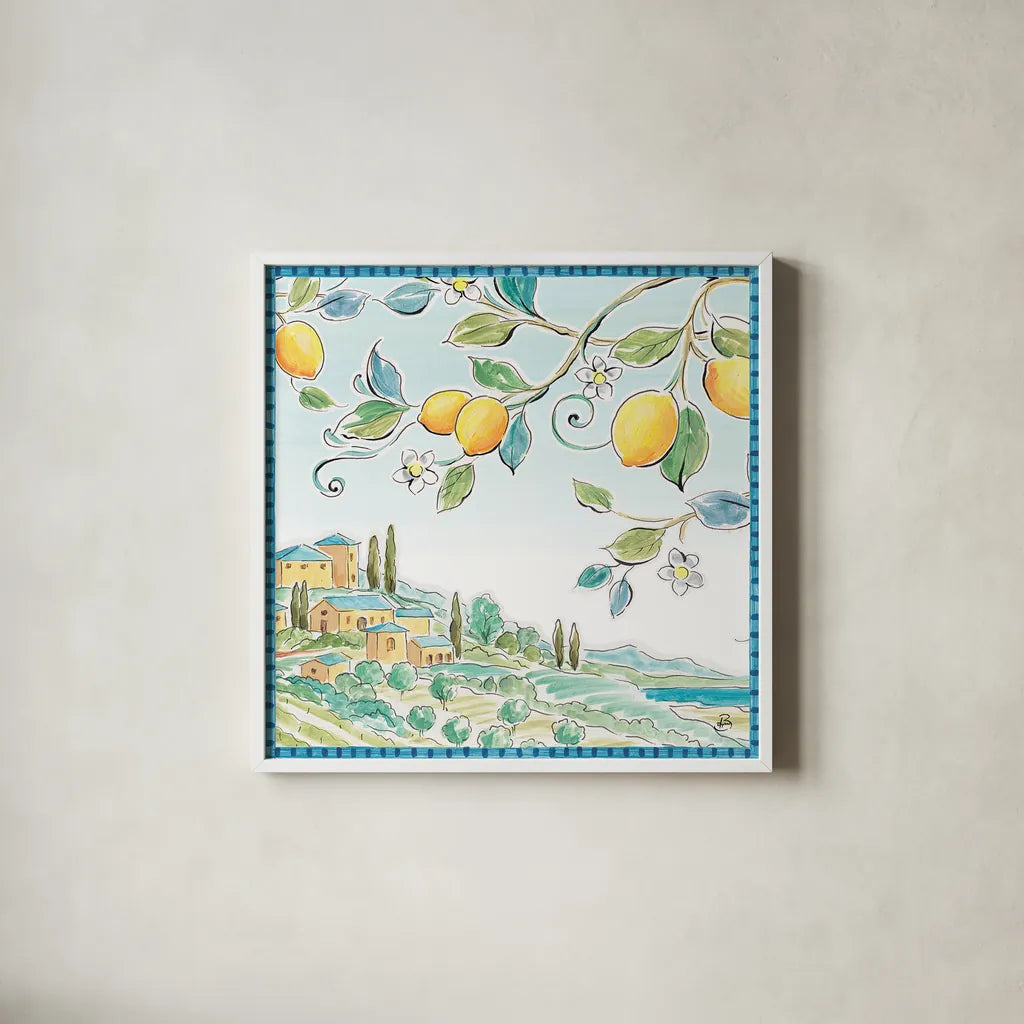 Mediterranean Breeze X by Daphne Brissonnet. Shown in a crisp white glass frame for a clean and minimalist style. Available as an archival giclee rolled canvas, fine art paper, or poster print. SKU 47053a.