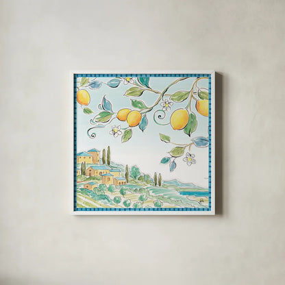 Mediterranean Breeze X by Daphne Brissonnet. Shown in a crisp white glass frame for a clean and minimalist style. Available as an archival giclee rolled canvas, fine art paper, or poster print. SKU 47053a.