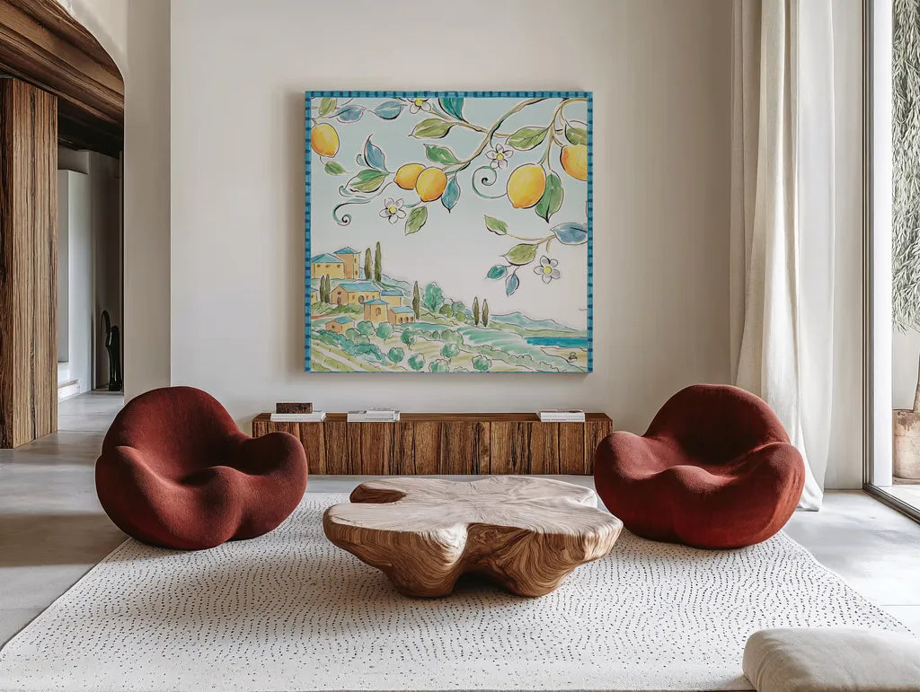 Mediterranean Breeze X by Daphne Brissonnet. Shown as extra-large giant wall art in a modern living room. Available as an archival giclee rolled canvas, fine art paper, or poster print. SKU 47053a.