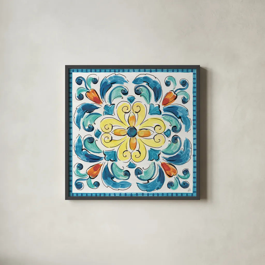 Mediterranean Breeze XIX by Daphne Brissonnet. Shown in a sleek black glass frame for a contemporary gallery look. Available as an archival giclee rolled canvas, fine art paper, or poster print. SKU 47062a.