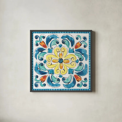 Mediterranean Breeze XIX by Daphne Brissonnet. Shown in a sleek black glass frame for a contemporary gallery look. Available as an archival giclee rolled canvas, fine art paper, or poster print. SKU 47062a.