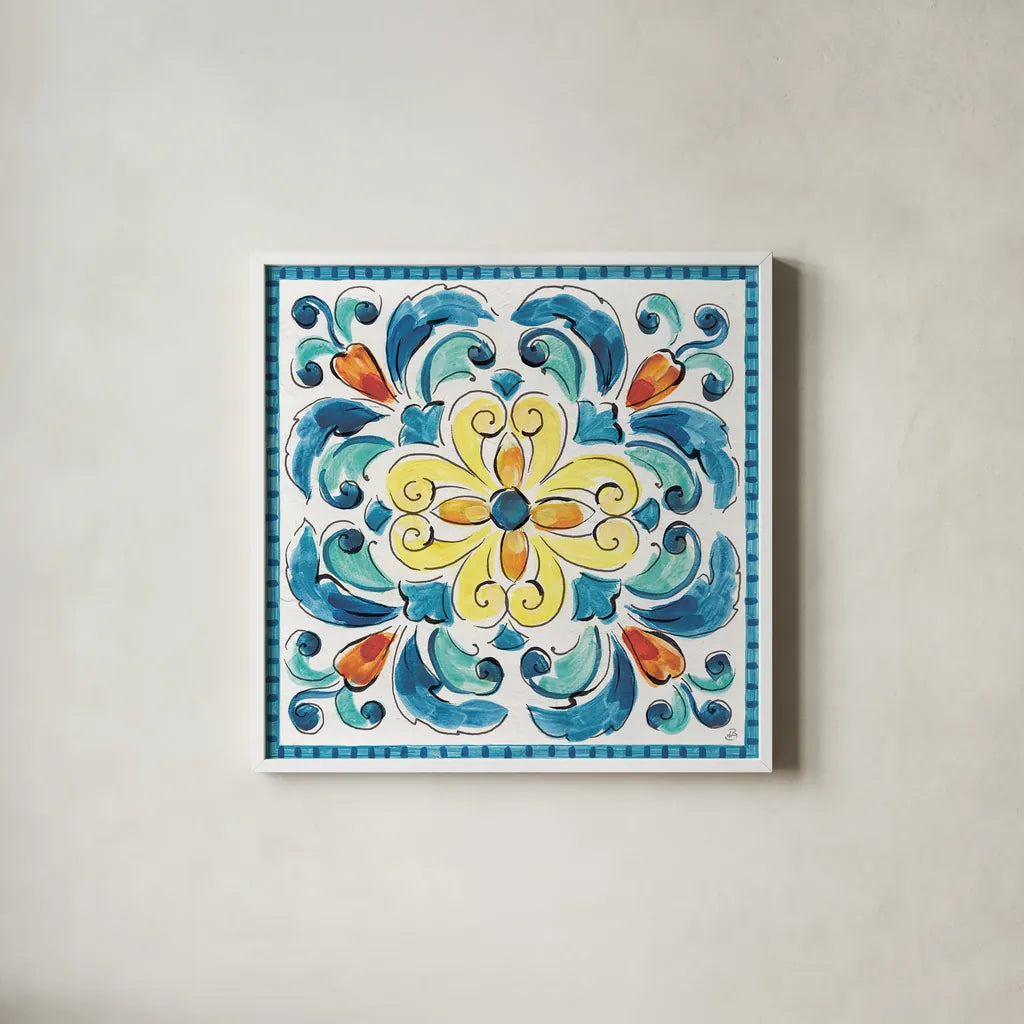 Mediterranean Breeze XIX by Daphne Brissonnet. Shown in a crisp white glass frame for a clean and minimalist style. Available as an archival giclee rolled canvas, fine art paper, or poster print. SKU 47062a.