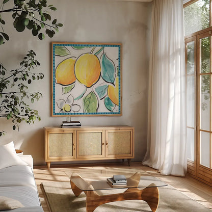 Mediterranean Breeze XV by Daphne Brissonnet. Shown in a natural wood frame in a cozy modern living room. Available as an archival giclee rolled canvas, fine art paper, or poster print. SKU 47058a.